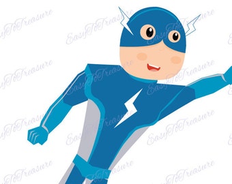 Digital Download Clipart – Blue and Grey Superhero Boy Flying JPEG and PNG files