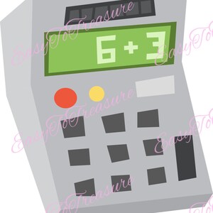 May include: A gray calculator with a green display showing the equation "6 + 3". The calculator has a red button and a yellow button.
