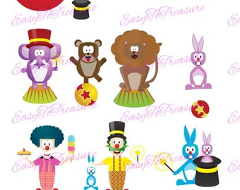 Digital Download Clipart – Variety of 10 Circus Animal and Character Designs in JPEG and PNG file formats