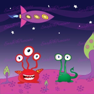 Digital Download Clipart – Alien World with Spaceship Rocket JPEG and PNG files