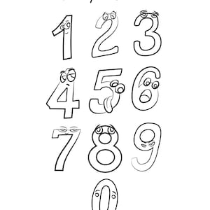以下が含まれることがあります： 0から9までの数字を、漫画の顔で描いた白黒のイラスト。数字は遊び心のある、気まぐれなスタイルで描かれている。