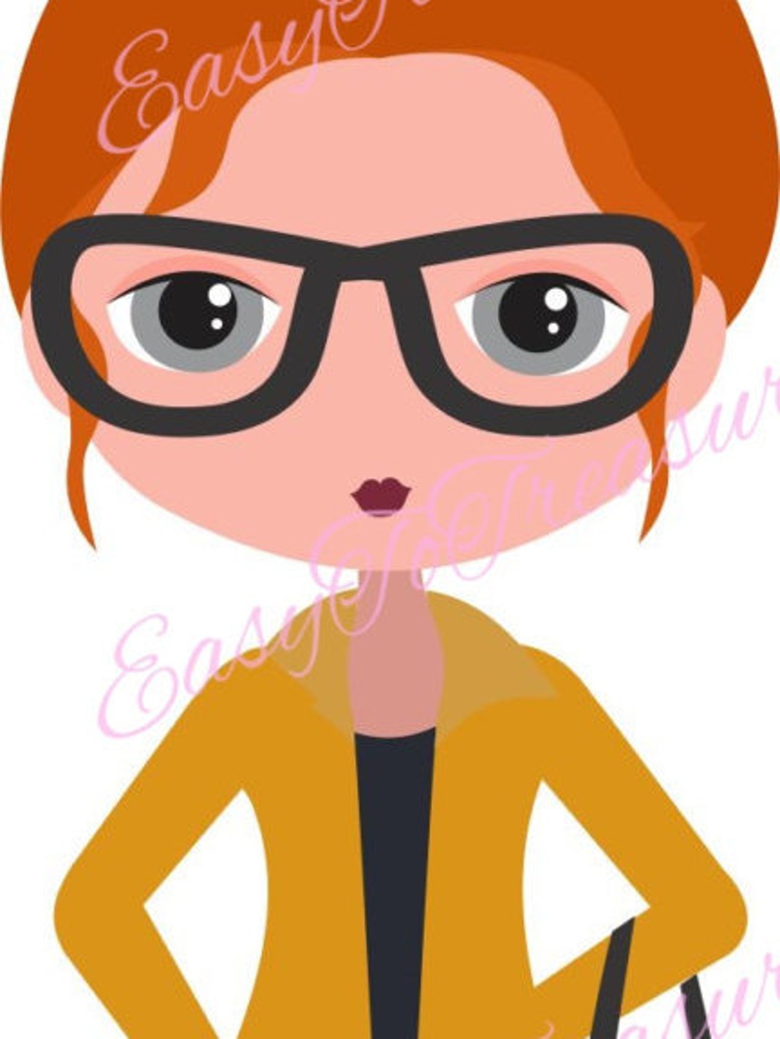 Girl With Glasses Clipart, Redhead Girl Clip Art, Girl With Bun Etsy