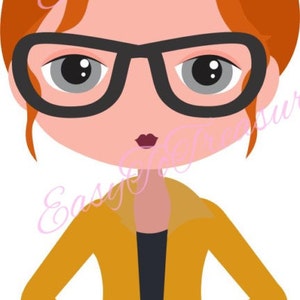 May include: A cartoon illustration of a woman with red hair wearing a yellow jacket, black glasses, and a black top.