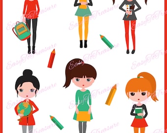 May include: Clip art set of seven illustrations of girls in various school outfits. The girls are holding books, a globe, paintbrushes, and a backpack. The illustrations are in a cartoon style and feature bright colours.