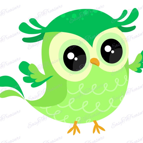 Digital Download Clipart – Green Owl with Big Eyes JPEG and PNG files