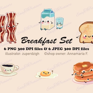 Digital Download Clipart – Variety of 6 Breakfast Treats, Breakfast Food Designs in JPEG and PNG file formats