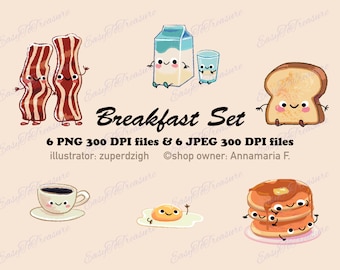 Digital Download Clipart – Variety of 6 Breakfast Treats, Breakfast Food Designs in JPEG and PNG file formats