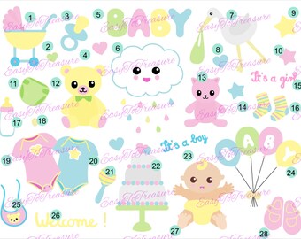 Digital Download Clipart –  Variety of 28 Baby Shower Designs JPEG and PNG files