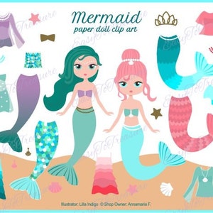 Mermaid paper doll, printable paper doll, mermaid clip art, paper doll clipart, fashion clipart, digital paper dolls