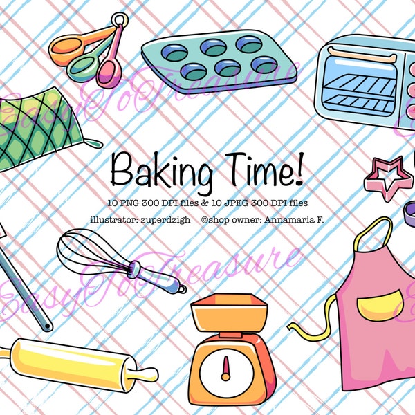 Digital Download Clipart – Variety of 10 Baking Cooking Kitchen Designs in JPEG and PNG file formats