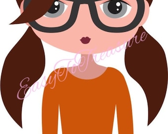 Digital Download Clipart – Dark Hair Girl with Ponytails and Glasses JPEG and PNG files
