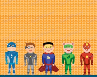 Digital Download Clipart – Variety of 5 Super Hero Boys and 3 (12X12) Background Textures JPEG and PNG files
