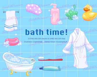 Bath time clipart, Rubber ducky clipart, Hygiene clip art, Bubble bath clipart, Toothbrush art, Instant download, Commercial use