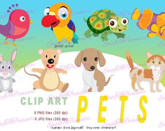 May include: Clip art set of 8 colorful cartoon animals, including a bird, turtle, fish, rabbit, mouse, dog, cat, and the word "PETS" in yellow letters.
