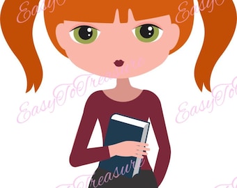 Digital Download Clipart – Redhead Girl with Ponytails and Book JPEG and PNG files