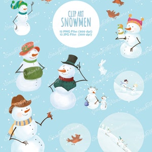 Cute snowmen clipart, Printable art for holiday cards, Christmas craft, Holiday illustration, Instant download, Commercial use