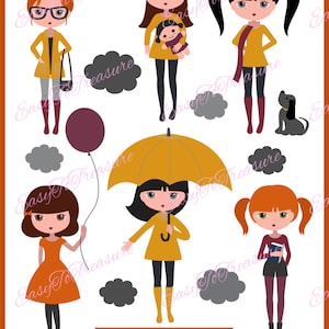 Fall fashion dolls, Rainy day clipart, Autumn girl set, Fall clipart, Autumn illustration, Instant download, Commercial use