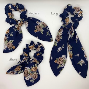 Hair Scarf Scrunchie, Hair Ribbon Scrunchie, Hair Bow Scrunchie, Hair Tie Scrunchie - Navy Floral Print