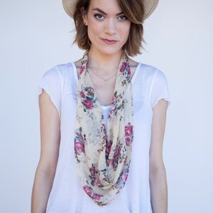 Floral triangle scarf, Cream flower pattern scarf, Rayon georgette floral printed scarf, Lightweight feminine scarf, Sheer floral scarf