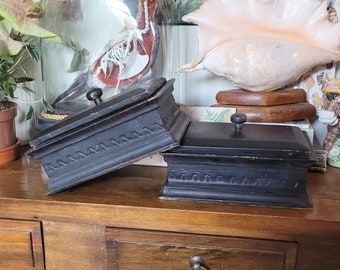 Vintage storage boxes ~ pair of matching gothic black wooden velvet lined trinket storage jewellery boxes with lids