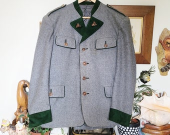 Vintage 70's wool jacket ~ Austrian grey & green wool felt tailored blazer, deer horn buttons, Sound of Music style, cosplay