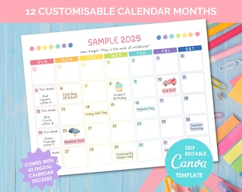 Editable 2025-2026 School Calendar Canva Template, 12-Month Planner for Teachers, PTA, PTO, Clubs, Homeschool, Teacher Class Organization