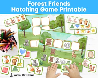 Afdrukbare game bosdieren matchen en patronen | Leren van dieren, vormen en patronen | Voorschoolse activiteit | Op Montessori geïnspireerd druk werk