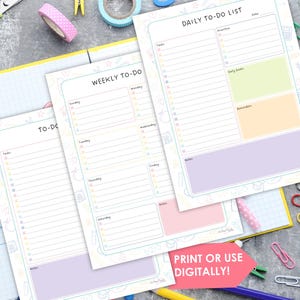 May include: A collection of pastel-colored to-do list notepads with a playful design. The notepads include daily and weekly layouts, with sections for tasks, notes, and reminders. The image also includes stationery items like scissors, tape, and paperclips.