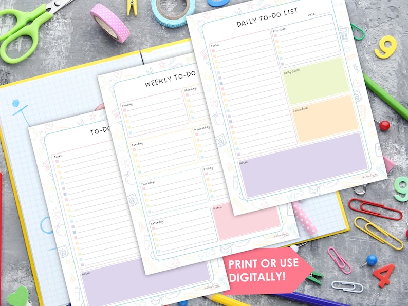 May include: A collection of pastel-colored to-do list notepads with a playful design. The notepads include daily and weekly layouts, with sections for tasks, notes, and reminders. The image also includes stationery items like scissors, tape, and paperclips.