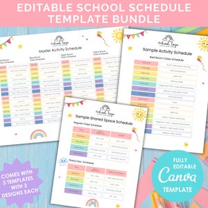 Può includere: Un pacchetto di modelli di orari scolastici modificabili. L'immagine mostra tre design colorati di orari con testo, tra cui "Master Activity Schedule" e "Sample Activity Schedule". I modelli sono completamente modificabili in Canva.