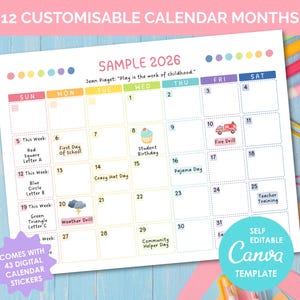 Editable 2026-2027 School Calendar Canva Template, 12-Month Planner for Teachers, PTA, PTO, Clubs, Homeschool, Teacher Class Organization