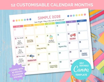 Editable 2026-2027 School Calendar Canva Template, 12-Month Planner for Teachers, PTA, PTO, Clubs, Homeschool, Teacher Class Organization