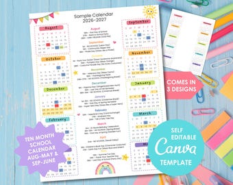 Editable School Calendar Canva Template, Rainbow PTA PTO Club Planner,  10-Month Printable, Choose Your Designs, Event Schedule Planner