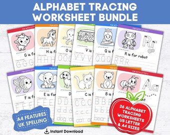 Alphabet Tracing Worksheets A-Z | Printable Handwriting Practice |  | Preschool & Kindergarten PDF | US Letter + A4 | ABC Letter Practice