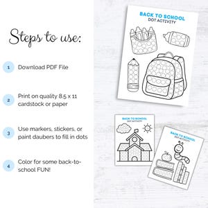 May include: Back to school dot activity sheets featuring a backpack, pencil, and crayons. Instructions: download PDF, print on A4 paper, use markers to fill in dots, and colour for fun.