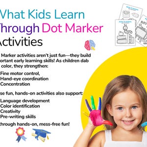 May include: Image promoting dot marker activities for children. Text reads "What Kids Learn Through Dot Marker Activities." A young girl smiles, her hands painted with colourful dots. The image highlights early learning skills.