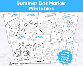 Bundel met afdrukbare zomerstipmarkering | 6 werkbladen met stippen + 4 extra kleurplaten | Peuter- en kleuterschool pdf-stickeractiviteit stippen