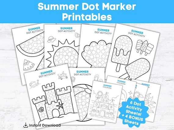 Summer Dot Marker Printable Bundle | 6 Dot Marker Worksheets + 4 Bonus Coloring Pages | Toddler and Preschool PDF  Dot Sticker Activity