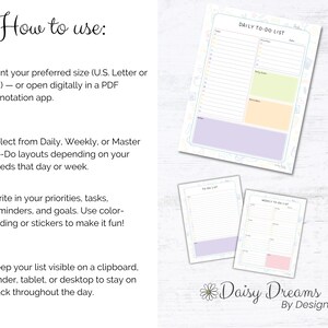 May include: A set of printable to-do list templates in various sizes. The main template is a daily to-do list with sections for notes, priorities, and goals. The image also shows weekly and master to-do list templates.