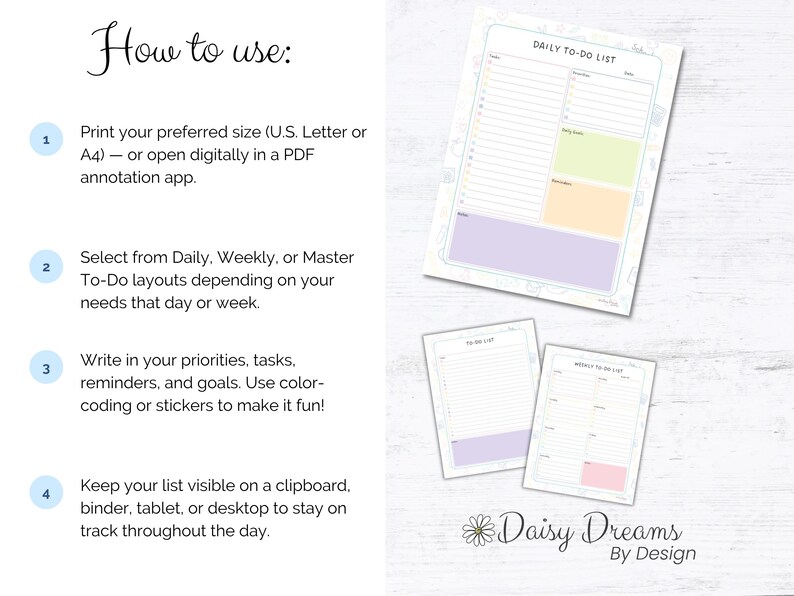 May include: A set of printable to-do list templates in various sizes. The main template is a daily to-do list with sections for notes, priorities, and goals. The image also shows weekly and master to-do list templates.