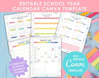 Editable School Calendar Canva Template 2025-2026 | 43 Digital Stickers | Year at a Glance Monthly Calendar Pages | Teacher Planner PTA PTO
