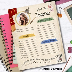 May include: A printable "Meet the Teacher" template with a photo, a wizard hat, and a wand illustration. The template includes sections for favorites and a classroom wishlist. The words "Instant Download" are at the bottom.