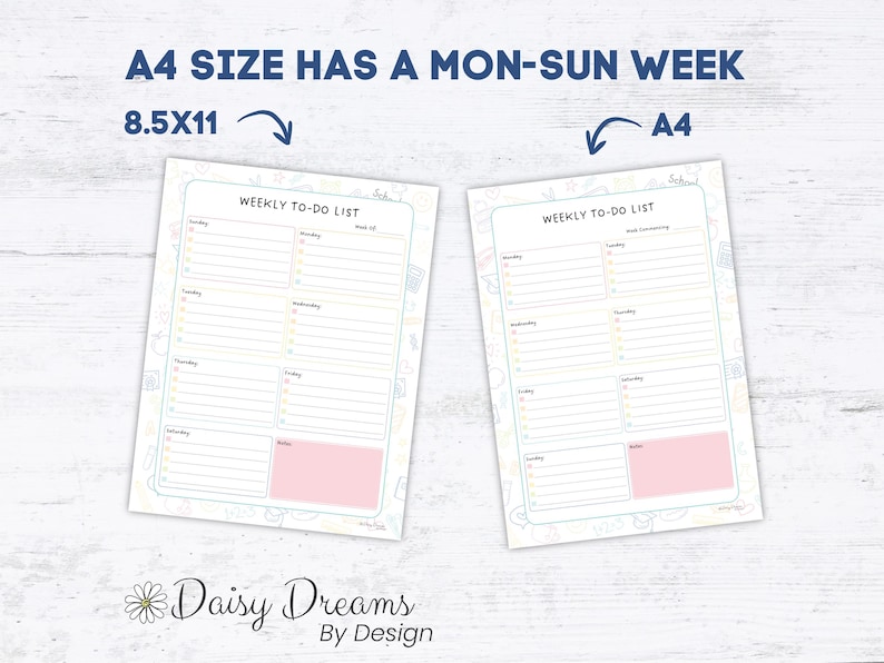 May include: Two weekly to-do list sheets, one 8.5x11 and one A4 size, with a pastel color scheme. Each sheet has a light blue border and a pink notes section. The text "WEEKLY TO-DO LIST" is at the top of each sheet. The text "A4 SIZE HAS A MON-SUN WEEK" is at the top.