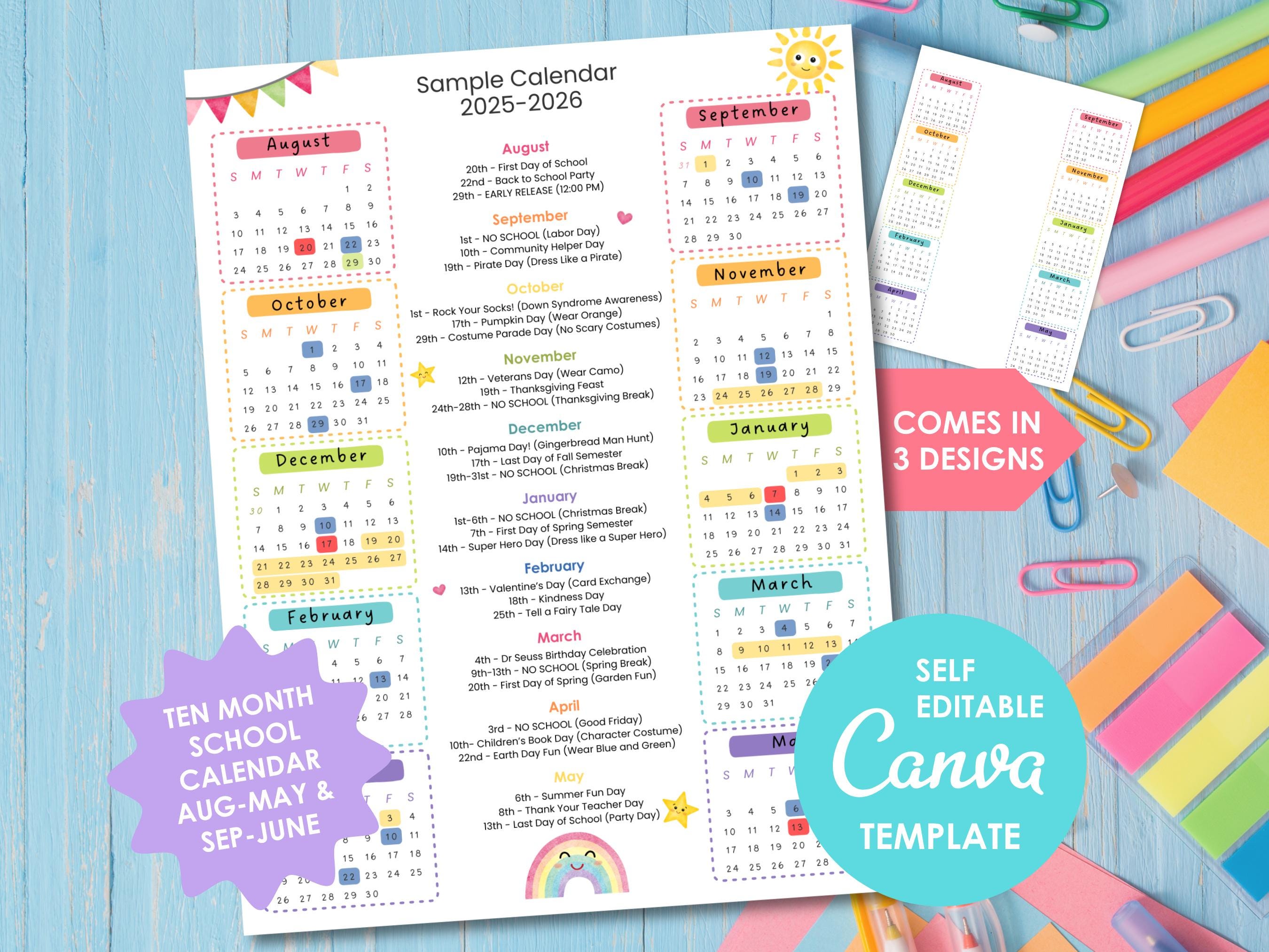 Editable School Calendar Canva Template, Rainbow PTA PTO Club Planner,  10-Month Printable, Choose Your Designs, Event Schedule Planner