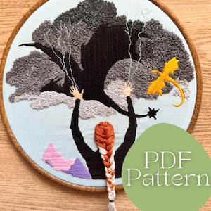 May include: Embroidery pattern for a woman with a braid reaching up to a stormy sky with a dragon flying above. The pattern includes a PDF download.