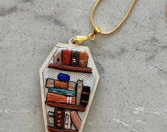 Mini Bookshelf Embroidery Necklace - Coffin-Shaped Embroidery Hoop Necklace