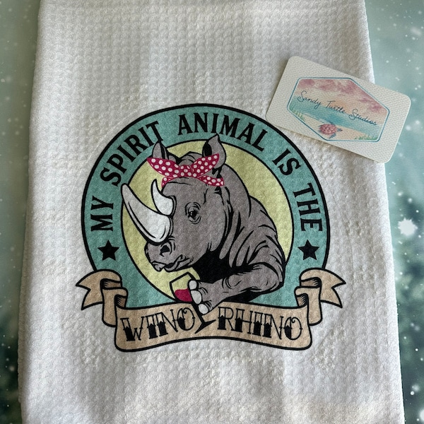 My Spirit Animal is the Wino Rhino Kitchen Dish Microfiber Waffle Weave Towel. White or Cream Colored towel. Red Wine Drinking Safari Animal