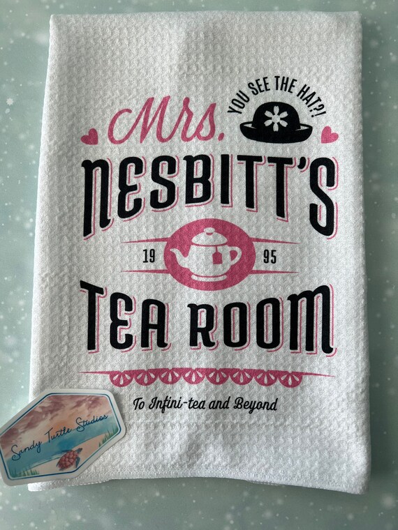 Mrs Nesbitt’s Tea Room Kitchen Dish Microfiber Waffle Weave Towel- Pink & Black on White or Cream towel. Buzz Lightyear Toy Story Inspired