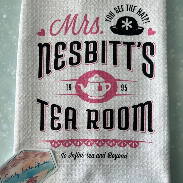 Mrs Nesbitt’s Tea Room Kitchen Dish Microfiber Waffle Weave Towel- Pink & Black on White or Cream towel. Buzz Lightyear Toy Story Inspired