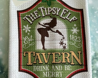 The Tipsy Elf Tavern Kitchen Dish Microfiber Waffle Weave Towel - White or Cream Colored - Holiday Decor - Drink & Be Merry-Holly Snowflake